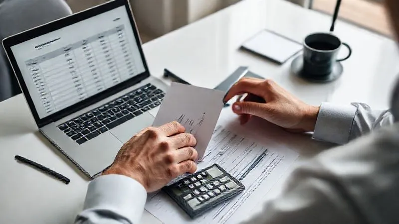 A professional, photorealistic image of a person meticulously reviewing financial documents and a laptop showing a budget spreadsheet, with a calculator and coffee cup on a clean desk. The focus is on careful financial planning during a job transition. 8K, cinematic lighting, sharp focus, depth of field, shot on a high-end DSLR.