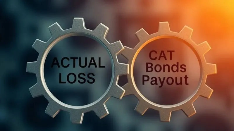 A photorealistic conceptual image depicting two overlapping, slightly misaligned gears, one labeled 'Actual Loss' and the other 'Cat Bond Payout'. The misalignment creates a visible gap between them, symbolizing basis risk. Cinematic lighting, sharp focus on the gears, depth of field blurring the background, 8K hyper-detailed, professional photography.