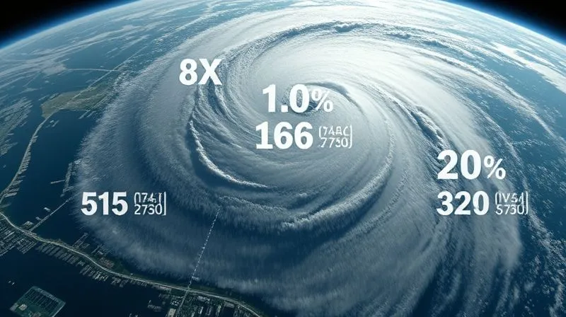 A photorealistic satellite view of a hurricane's eye passing over a coastal city, overlaid with transparent digital data points and sensor icons indicating wind speed and pressure readings. The city's infrastructure is visible below, showing the potential for varied damage. Professional photography, 8K, cinematic lighting, sharp focus, depth of field.