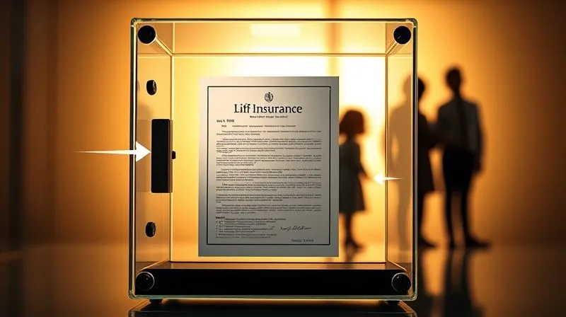 A photorealistic image showing a secure, transparent glass vault containing a life insurance policy document, with digital arrows pointing to a family silhouetted in the background, symbolizing protection and transfer. Professional photography, 8K, cinematic lighting, sharp focus on the vault and document, depth of field blurring the family, shot on a high-end DSLR.