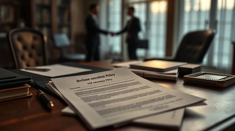 A photorealistic image of a vintage desk with a meticulously organized business succession plan document, a life insurance policy, and a handshake between two silhouetted figures in the background, symbolizing agreement and continuity. Professional photography, 8K, cinematic lighting, sharp focus on the documents, depth of field blurring the background, shot on a high-end DSLR.