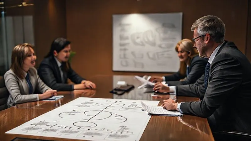 Photorealistic, professional photography, 8K, cinematic lighting, sharp focus, depth of field, shot on a high-end DSLR. A focused business team collaborating around a large conference table, reviewing financial documents and a flow chart, symbolizing strategic planning and collective effort in resolving complex regulatory issues and appealing ACA non-compliance fines.