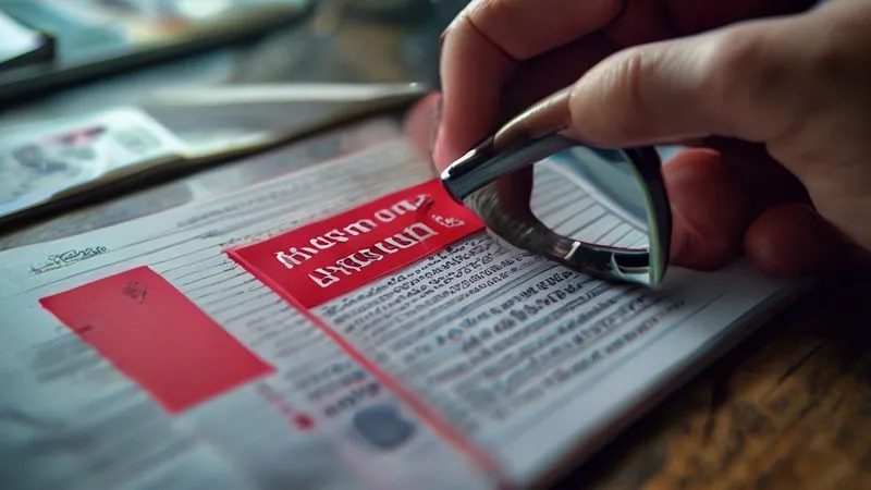 Photorealistic, professional photography, 8K, cinematic lighting, sharp focus, depth of field, shot on a high-end DSLR. A close-up of a hand holding a red stamp on a visa application form that says 'REJECTED', with a magnifying glass hovering over the insurance details section, highlighting the fine print and specific clauses. The background is blurred documents and a passport.