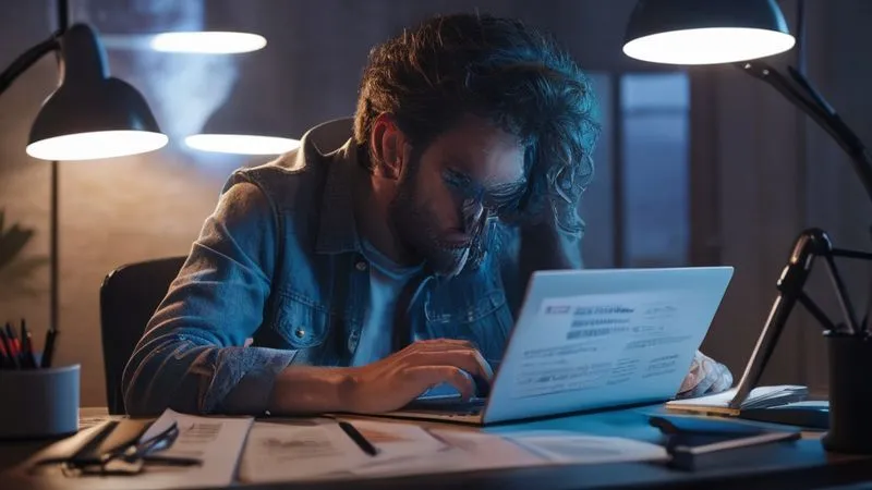 Photorealistic, professional photography, 8K, cinematic lighting, sharp focus, depth of field, shot on a high-end DSLR. A determined traveler sitting at a desk, intensely focused on a laptop screen displaying insurance policy options, with a smartphone in hand as if on a call, surrounded by official documents and a pen. The lighting is bright and focused, conveying a sense of urgent problem-solving.