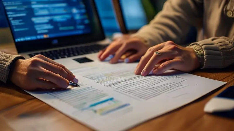 Photorealistic, professional photography, 8K, cinematic lighting, sharp focus, depth of field, shot on a high-end DSLR. A person's hands are meticulously comparing two different travel insurance policy documents laid out on a clean desk, with a laptop open in the background displaying a comparison website. The focus is on the details of the documents, implying careful decision-making under pressure.