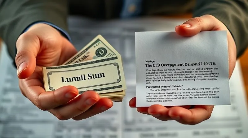 photorealistic, professional photography, 8K, cinematic lighting, sharp focus, depth of field, shot on a high-end DSLR. A split image depicting two hands: one hand holds a stack of cash labeled 'SSDI Lump Sum', looking confused and concerned, while the other hand holds a formal letter labeled 'LTD Overpayment Demand', looking stressed. The background is a blurred financial document, symbolizing the complex interplay of benefits. The lighting emphasizes the tension and financial pressure.