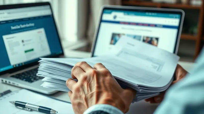 photorealistic, professional photography, 8K, cinematic lighting, sharp focus, depth of field, shot on a high-end DSLR. A close-up of a person's hands meticulously organizing a stack of medical records and official documents, with a laptop open in the background displaying the Social Security Administration website. The lighting is soft and focused on the hands and documents, conveying diligence and careful preparation. A pen and a neatly organized planner are also visible, suggesting a systematic approach to a complex task.