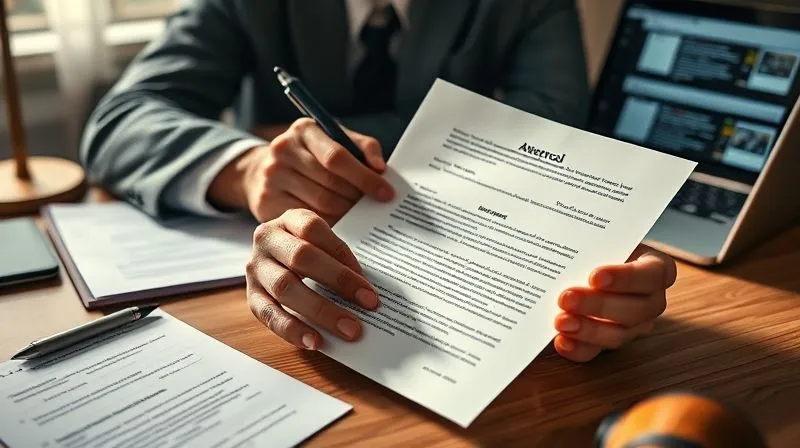 photorealistic, professional photography, 8K, cinematic lighting, sharp focus, depth of field, shot on a high-end DSLR. A person's hands holding a formal appeal letter, with a focused expression, meticulously reviewing documents and making notes. A legal pad, a pen, and a laptop with legal research visible on the screen are on a desk. The lighting is strong and clear, highlighting the seriousness and detail of the task. The overall mood is determined and focused.