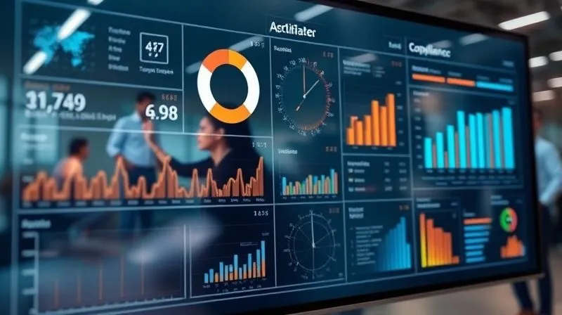 A photorealistic image of a sleek, modern dashboard displaying complex data visualizations and compliance metrics, with a professional team collaborating in the background. Cinematic lighting, sharp focus on the dashboard, depth of field blurring the team, 8K hyper-detailed, shot on a high-end DSLR, professional photography. A photorealistic image of a sleek, modern dashboard displaying complex data visualizations and compliance metrics, with a professional team collaborating in the background. Cinematic lighting, sharp focus on the dashboard, depth of field blurring the team, 8K hyper-detailed, shot on a high-end DSLR, professional photography.