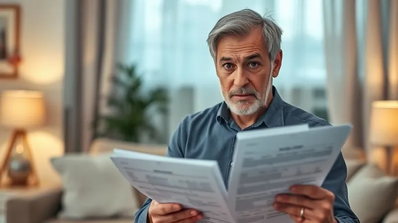 photorealistic, professional photography, 8K, cinematic lighting, sharp focus, depth of field, shot on a high-end DSLR. A homeowner looking confused and slightly overwhelmed while holding a stack of complex financial documents, with a blurred background of a living room. The lighting is soft but highlights their perplexed expression.