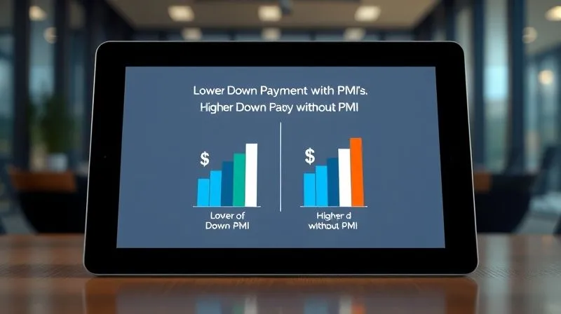 photorealistic, professional photography, 8K, cinematic lighting, sharp focus, depth of field, shot on a high-end DSLR. A professional-looking infographic displayed on a tablet screen, showing a clear comparison between 'Lower Down Payment with PMI' vs. 'Higher Down Payment without PMI', using simple bar charts and dollar signs. The background is a blurred modern office setting.
