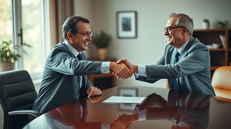 photorealistic, professional photography, 8K, cinematic lighting, sharp focus, depth of field, shot on a high-end DSLR. A warm, professional interaction between a financial advisor and a client, shaking hands across a polished desk. Both are smiling, conveying mutual respect and understanding. The background is a tastefully decorated office with natural light.