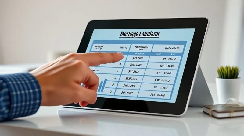 photorealistic, professional photography, 8K, cinematic lighting, sharp focus, depth of field, shot on a high-end DSLR. A high-resolution tablet displaying an interactive mortgage calculator interface, showing various scenarios for down payments and PMI costs, with dynamic charts updating in real-time. A hand is gently interacting with the screen, suggesting user engagement. The background is a clean, modern desk setting.