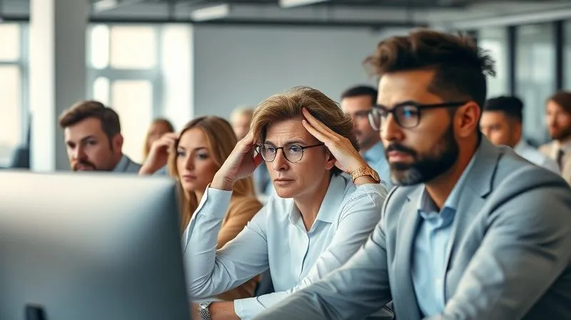 A photorealistic, professional photography, 8K, cinematic lighting, sharp focus, depth of field, shot on a high-end DSLR. A diverse group of employees in a modern office setting, some subtly squinting at computer screens, others rubbing their temples, conveying mild frustration and discomfort due to unaddressed vision issues. The scene should feel relatable and empathetic. A photorealistic, professional photography, 8K, cinematic lighting, sharp focus, depth of field, shot on a high-end DSLR. A diverse group of employees in a modern office setting, some subtly squinting at computer screens, others rubbing their temples, conveying mild frustration and discomfort due to unaddressed vision issues. The scene should feel relatable and empathetic.