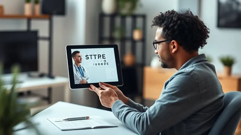 A photorealistic image of a diverse young professional using a tablet for a tele-optometry consultation, with a friendly optometrist on screen, discussing results. The setting is a modern home office, sharp focus on the interaction, depth of field blurring the background, 8K, cinematic lighting, shot on a high-end DSLR. A photorealistic image of a diverse young professional using a tablet for a tele-optometry consultation, with a friendly optometrist on screen, discussing results. The setting is a modern home office, sharp focus on the interaction, depth of field blurring the background, 8K, cinematic lighting, shot on a high-end DSLR.