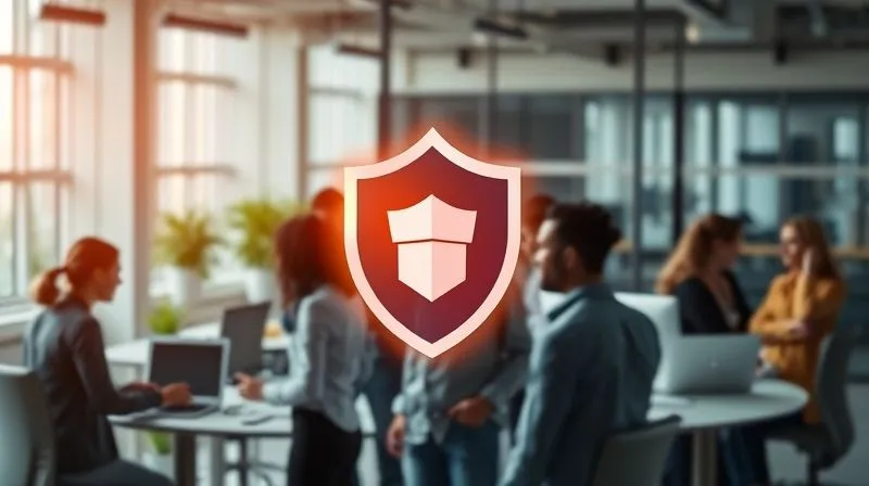 A photorealistic, professional photography, 8K, cinematic lighting, sharp focus, depth of field, shot on a high-end DSLR, of a diverse group of office workers collaborating in a modern, brightly lit open-plan office, with a subtle, glowing shield icon overlaid, representing workplace safety and protection.