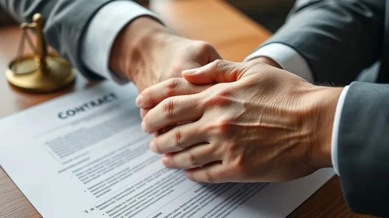 A photorealistic, professional photography, 8K, cinematic lighting, sharp focus, depth of field, shot on a high-end DSLR, of two hands shaking firmly over a detailed contract document, with legal jargon visible, representing contractual agreements and liabilities, in a professional setting.