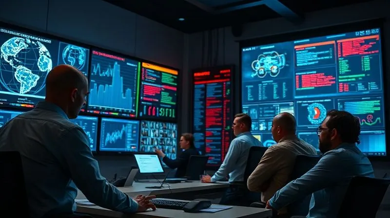 A photorealistic, professional photography, 8K, cinematic lighting, sharp focus, depth of field, shot on a high-end DSLR. A diverse team of cybersecurity professionals in a modern, well-lit control room, intently monitoring multiple large screens displaying complex network graphs and threat intelligence data. One person points to a specific alert, illustrating proactive threat detection. The atmosphere is serious and focused, conveying a sense of advanced security operations.