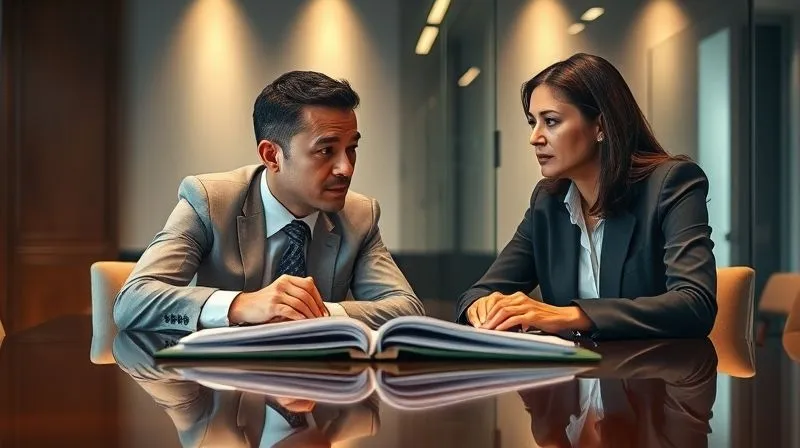 A photorealistic, professional photography, 8K, cinematic lighting, sharp focus, depth of field, shot on a high-end DSLR. Two business professionals, one male and one female, in a modern, sophisticated meeting room, engaged in a focused discussion. They are leaning slightly forward across a polished table, with open folders and a tablet between them. Their expressions convey serious negotiation and strategic thinking. Soft, directional lighting highlights their faces, emphasizing the gravity of the conversation.
