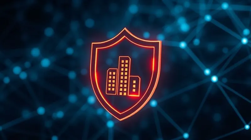 A photorealistic, professional photography, 8K, cinematic lighting, sharp focus, depth of field, shot on a high-end DSLR. A conceptual image depicting a strong, interlocking shield icon made of digital data streams, protecting a small, glowing corporate building silhouette. The background is a slightly blurred, complex network of glowing lines, symbolizing the digital world. The overall feeling is one of robust, continuous protection and long-term resilience.