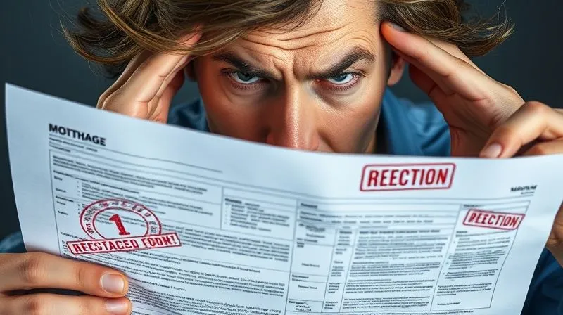 A photorealistic image of a stressed individual staring at a complex mortgage document with multiple red flags and rejection stamps, hands running through hair, conveying urgency and frustration. Professional photography, 8K, cinematic lighting, sharp focus on the document, depth of field on the person, shot on a high-end DSLR. A photorealistic image of a stressed individual staring at a complex mortgage document with multiple red flags and rejection stamps, hands running through hair, conveying urgency and frustration. Professional photography, 8K, cinematic lighting, sharp focus on the document, depth of field on the person, shot on a high-end DSLR.