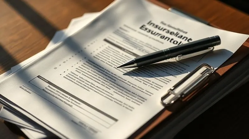Photorealistic, professional photography, 8K, cinematic lighting, sharp focus, depth of field, shot on a high-end DSLR. A stack of complex insurance documents and a clipboard with a pen, casting long shadows, symbolizing the administrative burden and the fine print of policy cancellations. The documents are slightly frayed, hinting at issues or challenges.