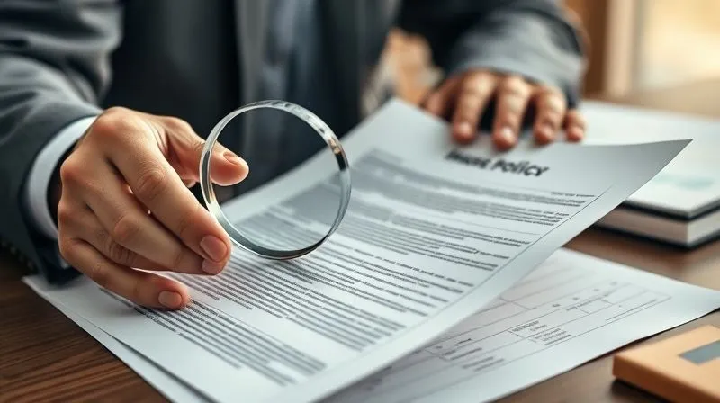 A photorealistic image of a person's hands meticulously examining a dense insurance policy document with a magnifying glass, legal jargon highlighted, in a well-lit, professional office setting. 8K, cinematic lighting, sharp focus on the document and hands, depth of field, shot on a high-end DSLR.