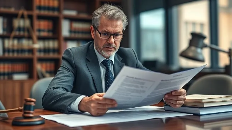 A photorealistic image of a professional lawyer, mid-40s, reviewing complex legal documents and an insurance policy on a large desk, with a focused and determined expression. The office is modern, with law books subtly blurred in the background. 8K, cinematic lighting, sharp focus on the documents and lawyer, depth of field, shot on a high-end DSLR.