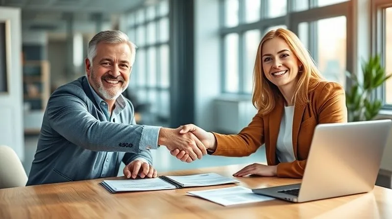 A photorealistic image of a business owner and their commercial insurance broker shaking hands warmly across a desk, with open policy documents and a laptop in a brightly lit, modern office. Both individuals are smiling confidently. Professional photography, 8K, cinematic lighting, sharp focus on the handshake and faces, depth of field, shot on a high-end DSLR.