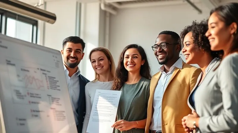 A photorealistic image of a diverse team of business professionals, including the owner, in a modern, sunlit office, looking confidently at a whiteboard with strategic plans. They are smiling and engaged, symbolizing successful problem-solving and future preparedness. 8K, cinematic lighting, sharp focus on the team, depth of field, shot on a high-end DSLR.