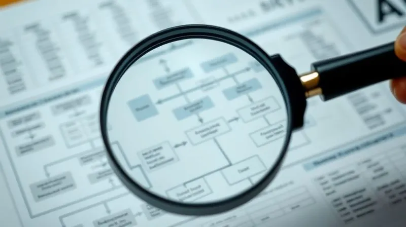 A photorealistic image of a magnifying glass hovering over a complex, detailed flow chart depicting an insurance claims process, with various arrows and decision points. The background is slightly blurred, showing spreadsheets and documents. Cinematic lighting highlights the intricate details under the magnifying glass, sharp focus on the chart, depth of field. 8K hyper-detailed, professional photography, shot on a high-end DSLR.