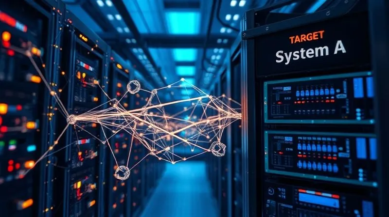 A photorealistic image of a complex network of glowing, interconnected nodes and data streams flowing between two distinct, large server racks labeled 'Legacy System A' and 'Target System B', symbolizing data migration. The environment is a futuristic data center with soft, cinematic blue lighting. Sharp focus on the data flow, depth of field blurring the background servers. 8K hyper-detailed, professional photography, shot on a high-end DSLR.