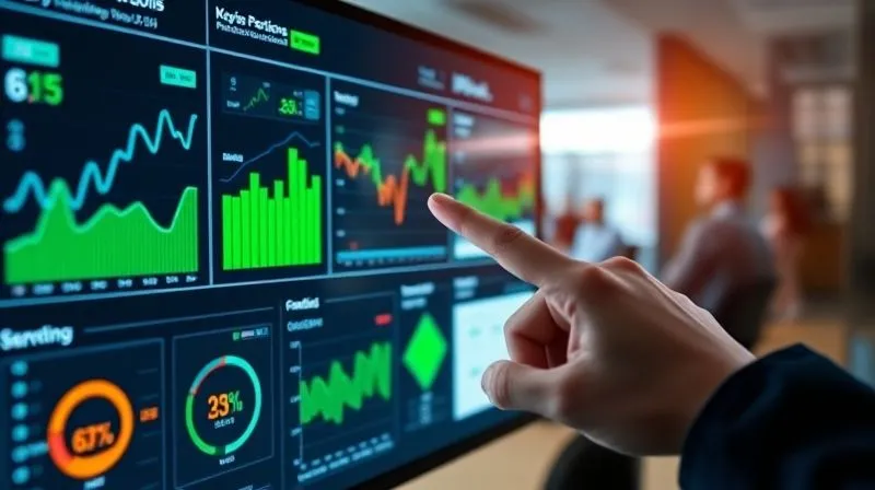 A photorealistic image of a sleek, modern digital dashboard displaying various key performance indicators (KPIs) related to business operations. The screen shows a mix of green (positive) and amber (caution) metrics, with dynamic charts and graphs indicating trends. A hand points to a specific metric on the screen. Cinematic lighting, sharp focus on the dashboard, depth of field blurring the office background. 8K hyper-detailed, professional photography, shot on a high-end DSLR.