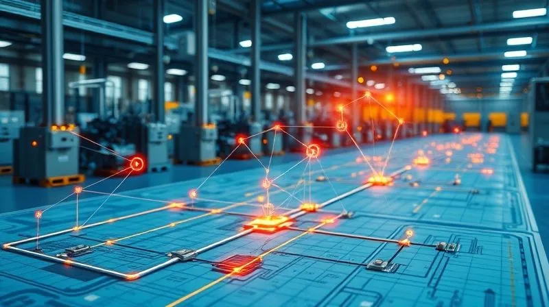 A photorealistic, professional photography, 8K, cinematic lighting, sharp focus, depth of field, shot on a high-end DSLR, depicting a complex network diagram overlaid on a blueprint of a factory floor, with glowing lines connecting digital systems to physical machinery, highlighting points of vulnerability and potential impact. The image conveys both complexity and the need for interconnected security. A photorealistic, professional photography, 8K, cinematic lighting, sharp focus, depth of field, shot on a high-end DSLR, depicting a complex network diagram overlaid on a blueprint of a factory floor, with glowing lines connecting digital systems to physical machinery, highlighting points of vulnerability and potential impact. The image conveys both complexity and the need for interconnected security.