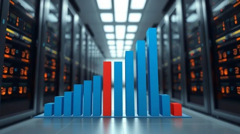 A photorealistic 3D bar chart from an elevated perspective, illustrating a clear divergence between two data series labeled 'Claim Frequency' (lower, more numerous bars) and 'Claim Severity' (taller, fewer bars), with a light gradient showing upward trends. The chart is set in a modern, professional data center environment with cinematic lighting and a sharp focus on the data, depth of field subtly blurring the background servers. 8K hyper-detailed.
