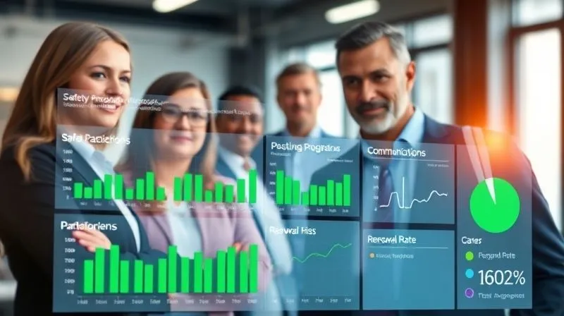 A photorealistic, professional photography, 8K, cinematic lighting, sharp focus, depth of field shot on a high-end DSLR, showing a vibrant, interactive digital dashboard displaying various policyholder engagement metrics: green progress bars for 'Safety Program Participation', positive trend lines for 'Communication Responsiveness', and a clear 'Renewal Rate' indicator. In the background, a diverse team of insurance professionals are collaborating, observing the data with focused expressions, suggesting proactive risk management.