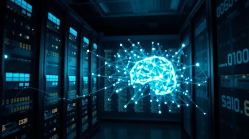 A photorealistic, professional photography, 8K, cinematic lighting, sharp focus, depth of field shot on a high-end DSLR, depicting a glowing, intricate neural network visualization projected in a dark, futuristic server room. The network's nodes and connections pulse with data, symbolizing complex calculations and predictive analytics. The surrounding environment is clean and sterile, emphasizing advanced technology and precision.
