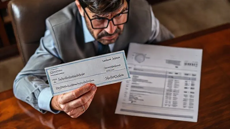 photorealistic, professional photography, 8K, cinematic lighting, sharp focus, depth of field, shot on a high-end DSLR. A high-earning professional, looking stressed and confused, holding a small disability benefit check, while a large, detailed invoice for a luxury home mortgage and private school tuition lies on a mahogany desk beside it, emphasizing the mismatch between income and expenses, a sense of overwhelming financial burden.