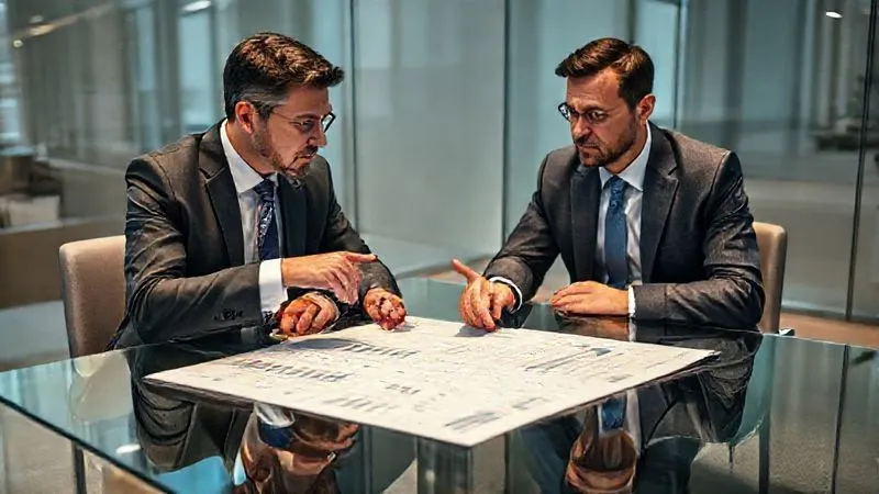 photorealistic, professional photography, 8K, cinematic lighting, sharp focus, depth of field, shot on a high-end DSLR. A financial advisor and a high-earning client, both professionally dressed, engaged in a serious discussion, reviewing a complex financial plan spread across a glass table in a modern office. The advisor points to a section on a tablet showing projected income and expenses, while the client nods thoughtfully, conveying a sense of collaborative, proactive financial planning.