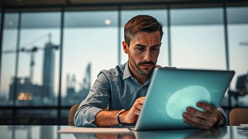 A photorealistic image of a professional at a desk, looking concernedly at a glowing tablet displaying complex data, while in the background, a blurred silhouette of a large, challenging project (e.g., a towering building under construction, a complex legal diagram) looms. Cinematic lighting, sharp focus on the professional's face and tablet, depth of field. 8K hyper-detailed, shot on a high-end DSLR.