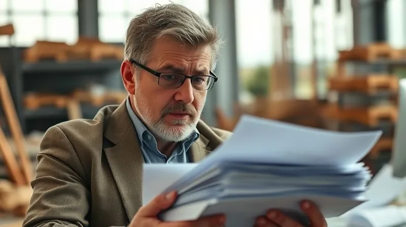 A photorealistic image of a distraught business owner looking at a stack of legal documents, with a blurred background showing a construction site or a corporate office in disarray. Cinematic lighting, sharp focus on the documents and the owner's face, conveying stress and financial burden. 8K hyper-detailed, shot on a high-end DSLR.