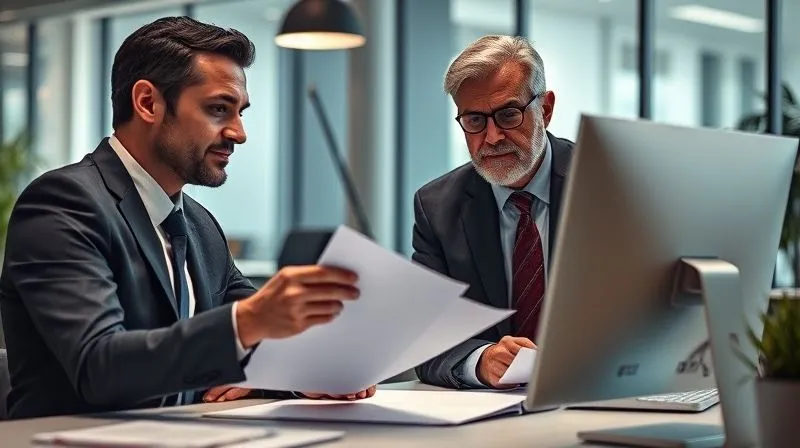 A photorealistic image of a professional (e.g., a business owner) in a focused discussion with an experienced, well-dressed insurance broker in a modern, well-lit office. They are reviewing documents on a large monitor, with a sense of collaboration and trust. Cinematic lighting, sharp focus on their interaction, depth of field. 8K hyper-detailed, shot on a high-end DSLR.
