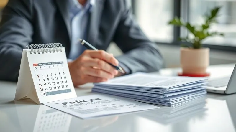 A photorealistic image of a professional thoughtfully reviewing a calendar and a stack of policy documents on a clean, modern desk, with a pen poised as if making notes for an upcoming review. The setting is bright and organized, conveying proactivity and planning. Cinematic lighting, sharp focus on the documents, depth of field. 8K hyper-detailed, shot on a high-end DSLR.