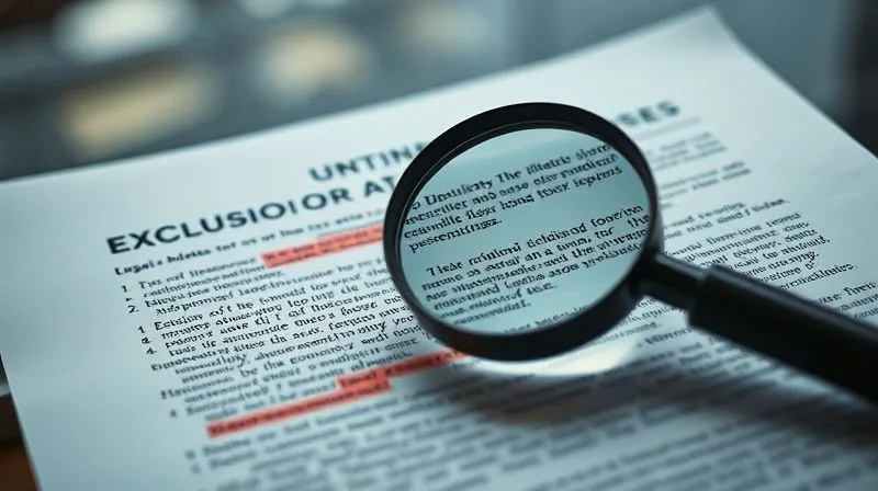 A photorealistic, professional photography, 8K, cinematic lighting, sharp focus, depth of field shot of a complex, layered legal document with sections highlighted in red, signifying exclusions or denial clauses. A magnifying glass hovers over a crucial paragraph, emphasizing the intricate details. The background is a blurred corporate office setting. shot on a high-end DSLR.