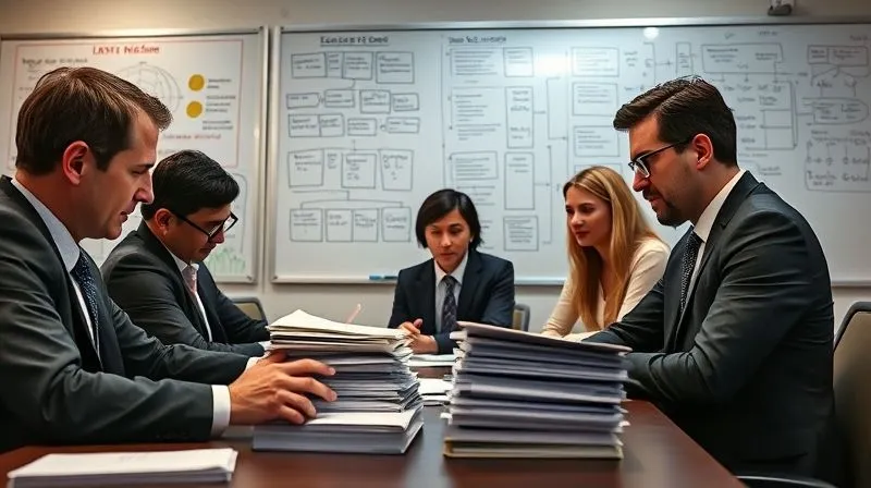 A photorealistic, professional photography, 8K, cinematic lighting, sharp focus, depth of field shot of a legal team intently reviewing stacks of D&O policy documents and a shareholder lawsuit filing. Whiteboards in the background are covered with complex flowcharts and notes. The atmosphere is serious and focused, emphasizing detailed analysis. shot on a high-end DSLR.