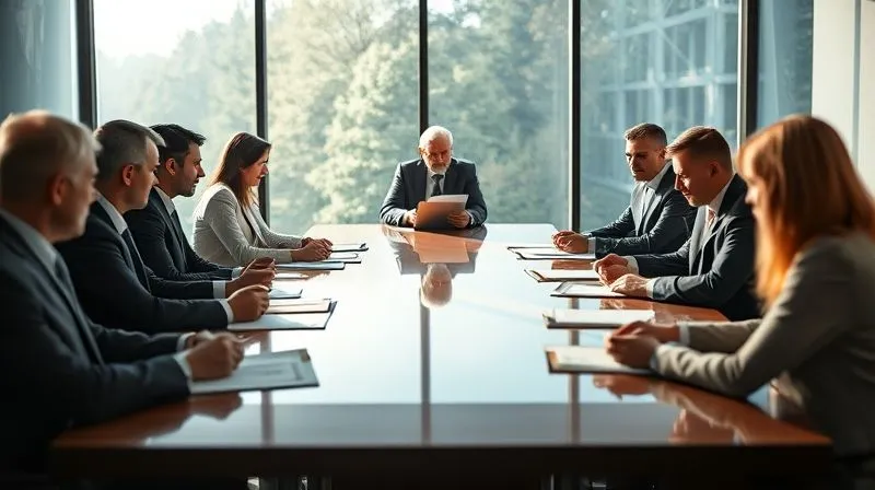 A photorealistic, professional photography, 8K, cinematic lighting, sharp focus, depth of field shot of two legal teams facing each other across a polished conference table, with a mediator seated at the head. The atmosphere is tense but professional, with documents and laptops open. Sunlight streams through a large window, highlighting the seriousness of the discussion. shot on a high-end DSLR.