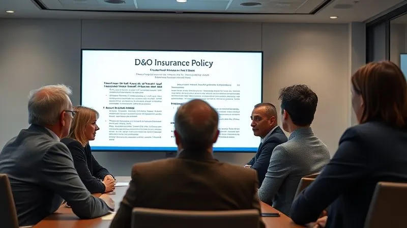 A photorealistic, professional photography, 8K, cinematic lighting, sharp focus, depth of field shot of a diverse group of board members and executives intently reviewing a detailed D&O insurance policy document on a large screen in a modern conference room. The atmosphere is collaborative and serious, indicating a proactive approach to risk management. shot on a high-end DSLR.