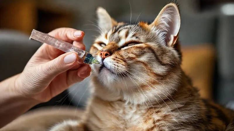 A senior cat comfortably taking liquid medication from a syringe held by a gentle human hand. The cat looks calm and well-cared for in a home environment. Photorealistic, professional photography, 8K, cinematic lighting, sharp focus on the cat and hands, depth of field blurring the background, shot on a high-end DSLR. Evokes diligent care and ongoing medical needs.