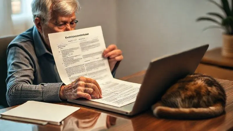 A thoughtful person, possibly a senior pet owner, sitting at a desk with an open laptop and pet insurance policy documents, meticulously reviewing the terms and conditions. A calm, older cat is curled up nearby. The scene is well-lit and conveys careful financial planning. Photorealistic, professional photography, 8K, cinematic lighting, sharp focus on the documents and person's face, depth of field blurring the background, shot on a high-end DSLR. Evokes careful consideration and responsibility.