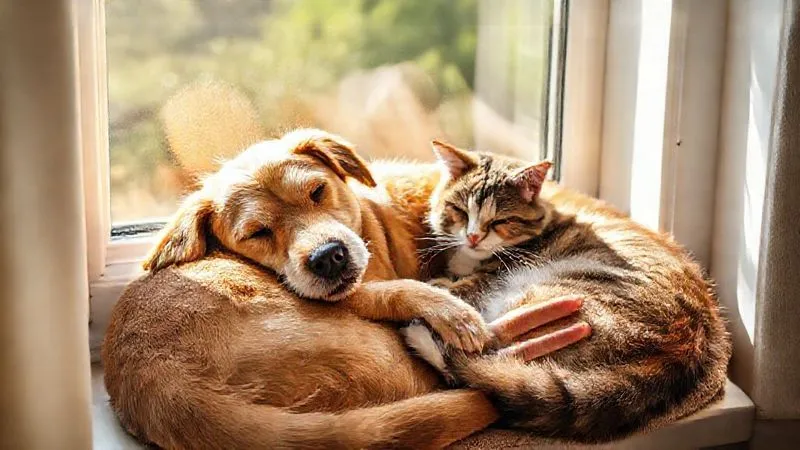 A heartwarming scene of a happy, contented senior dog and a senior cat curled up together on a sunlit window seat, with a loving human hand gently petting both. The atmosphere is peaceful and full of affection, representing the joy of caring for elderly pets. Photorealistic, professional photography, 8K, cinematic lighting, sharp focus on the pets and human hand, depth of field blurring the background, shot on a high-end DSLR. Evokes love, companionship, and comfort in old age.